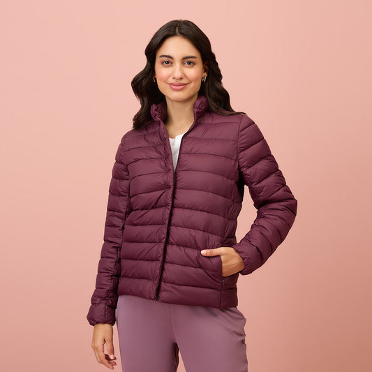 NYKD By Nykaa Ultra Light Weight Puffer Jacket with Inbuilt Bag (Set of 2)-NYAT405-Wine