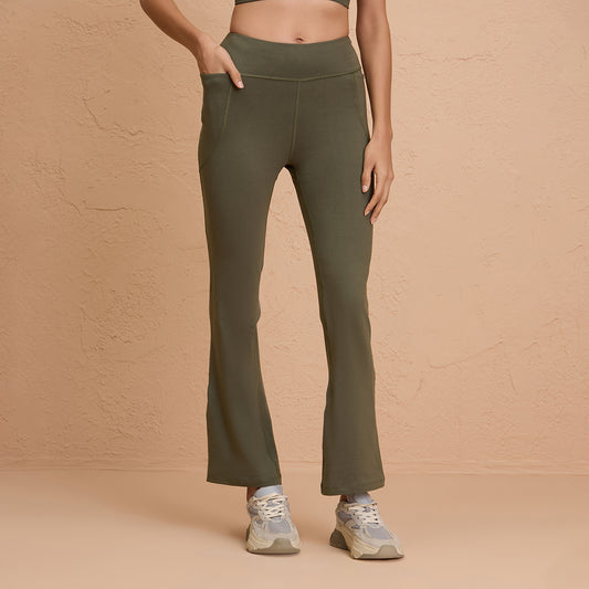 Ultimate Comfort Cotton Stretch Flare Leggings with Anti Slip Waist & Pockets NYAT503 Olive