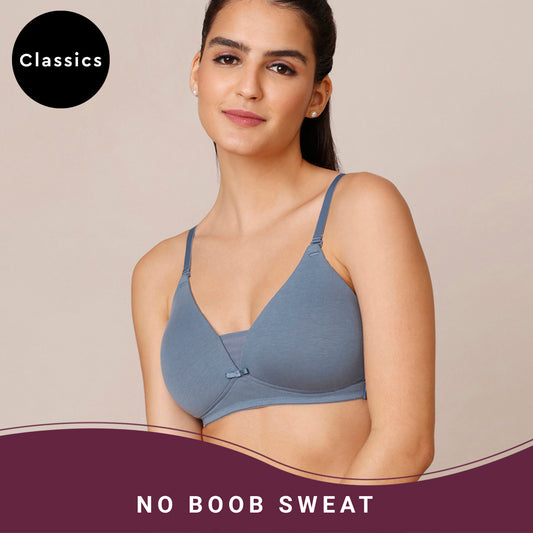 Nykd By Nykaa Breathe Cotton Triangle Cup Padded Non Wired T-Shirt Bra NYB003 Light Blue