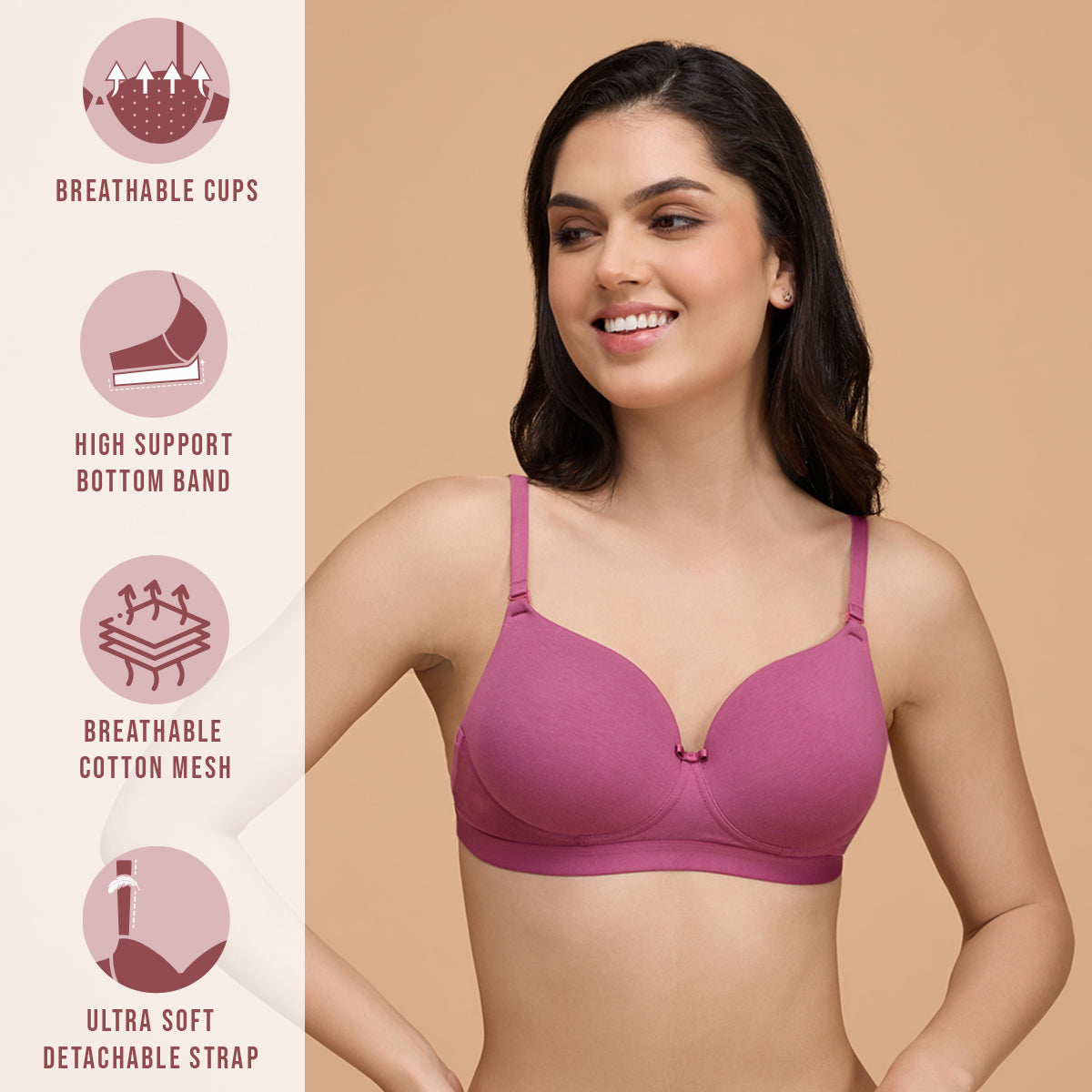 Nykd By Nykaa Breathe Cotton Padded wireless Transparent back bra 3/4th coverage Rose NYB007