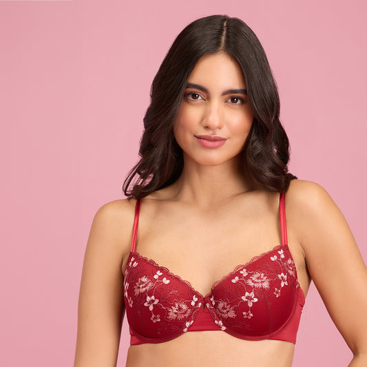 Nykd by Nykaa Embroidered Floral Lace Demi Bra-NYB294-Maroon