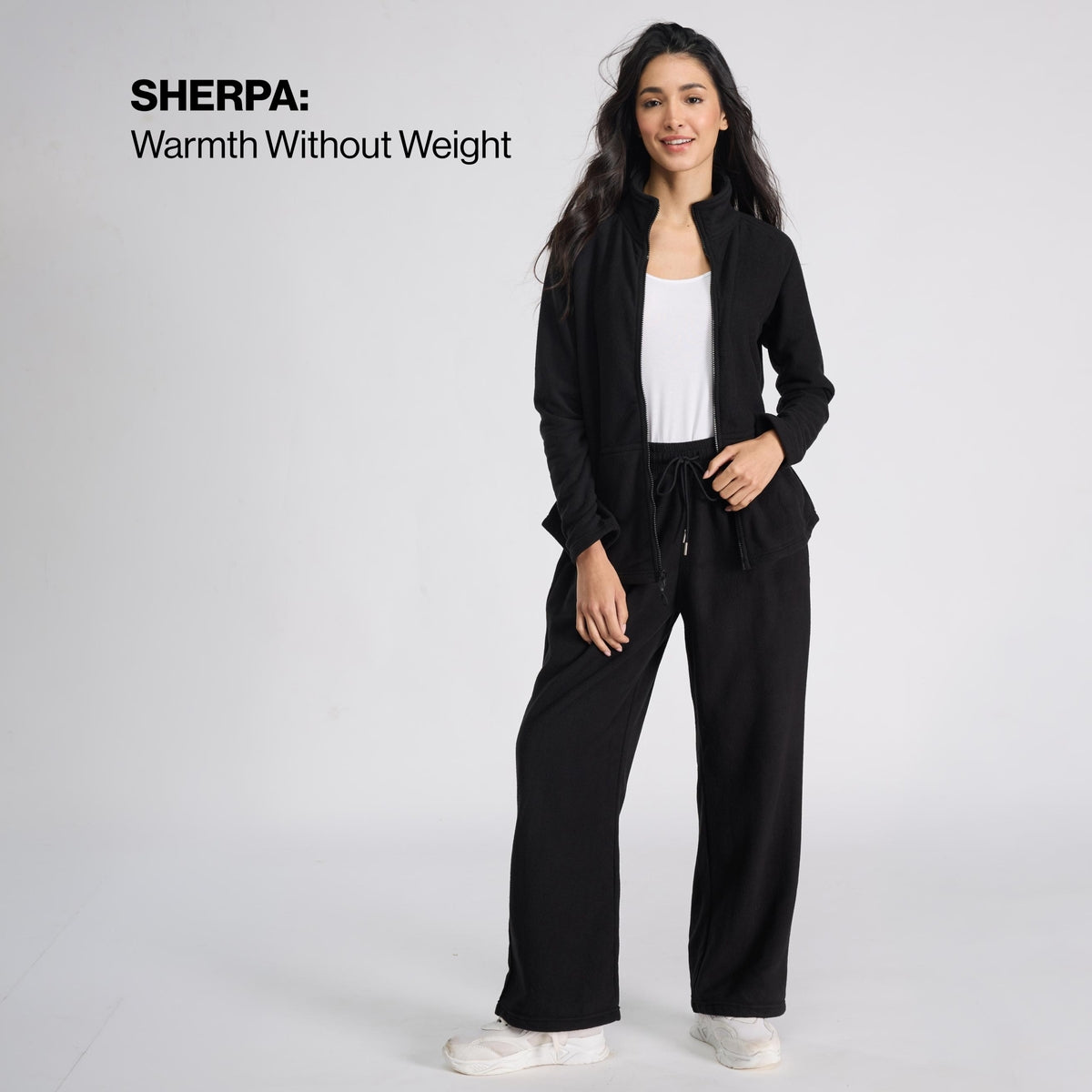 Cozy Sherpa Fleece Wide-Leg Lounge Pants with Side Pockets NYLE608 Black