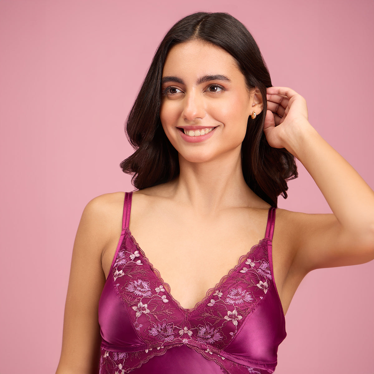 Nykd by Nykaa Embroidered Lace and Satin Babydoll with Panty- NYS138-Purple (Set of 2)