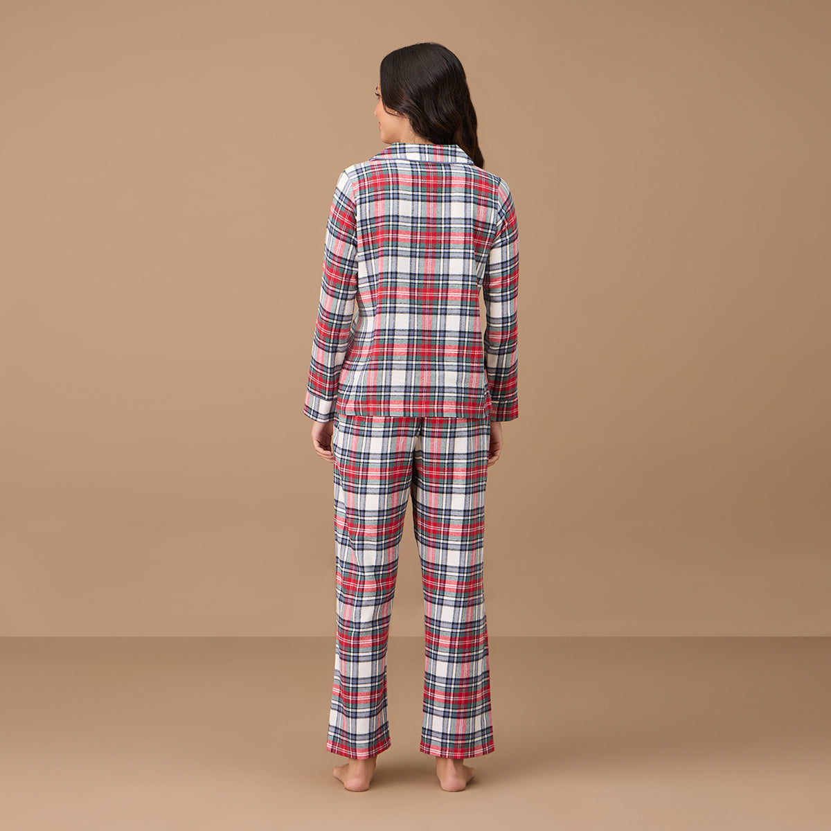 Nykd By Nykaa Button Down Cotton Flannel Pajama Set - NYS902 - Red Blue Plaid