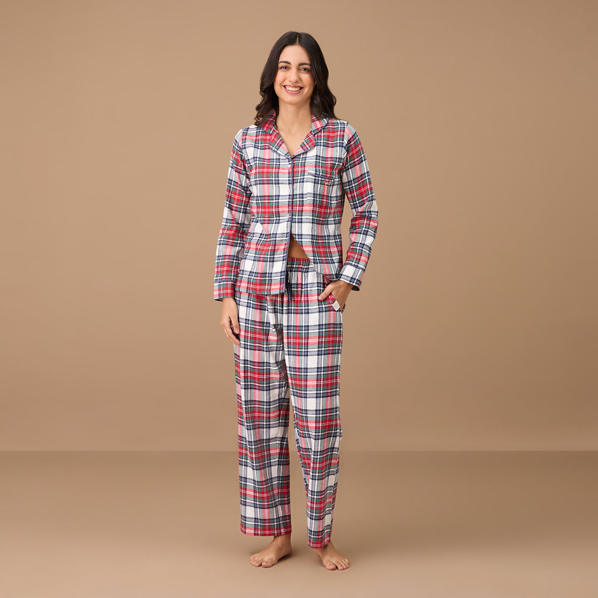 Nykd By Nykaa Button Down Cotton Flannel Pajama Set - NYS902 - Red Blue Plaid