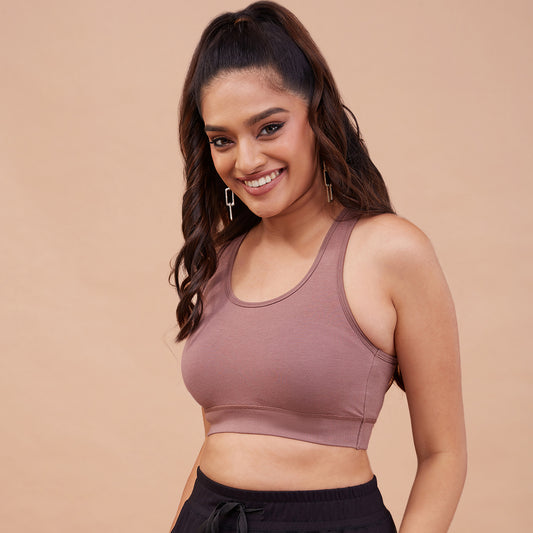 Nykd By Nykaa Cotton Stretch Slip On Sports Bra with Removable Cups NYK059 Nutmeg