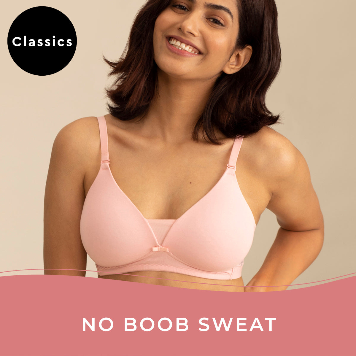 Breathe Cotton Padded wireless Triangle T-shirt bra 3/4th coverage - Pink NYB003