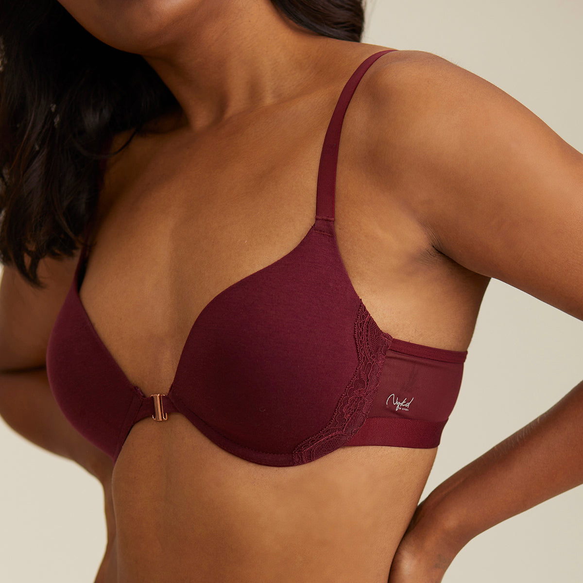 Lace Padded wired Push up front open bra Demi coverage - Maroon NYB019