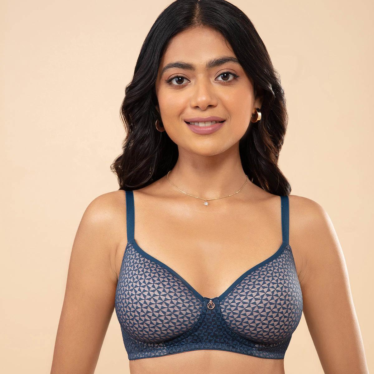 Textured Lace Padded Wirefree Bra-NYB076-Blue