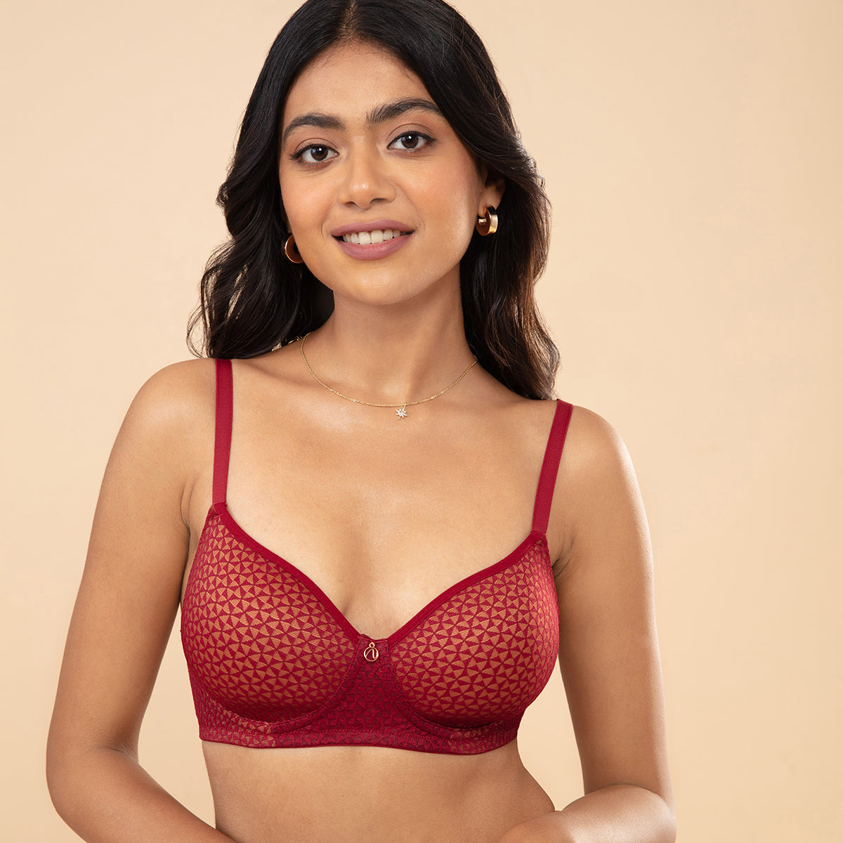 Textured Lace Padded Wirefree Bra-NYB076-Red