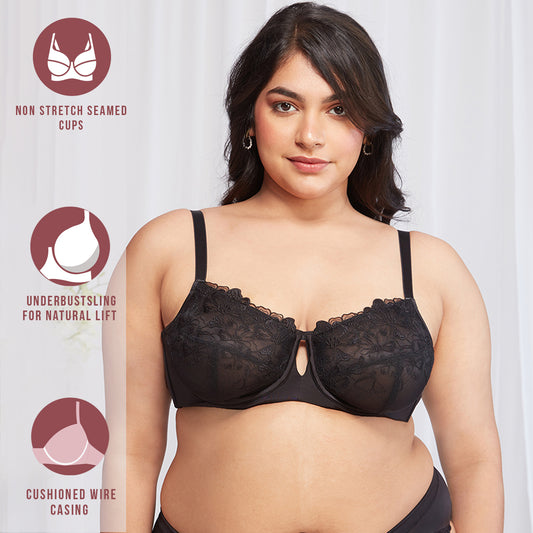 Nykd By Nykaa Floral Mesh Underwired Non-padded Lace Bra-Black NYB221