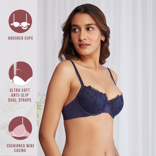Nykd By Nykaa Balconette Padded Wired Lace Bra-Navy NYB222