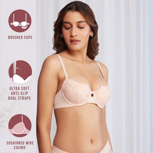 Nykd By Nykaa Balconette Padded Wired Lace Bra-Peach NYB222