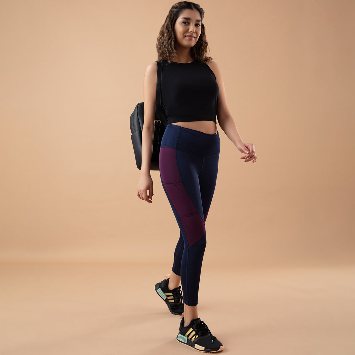Nykd All Day High rise Color Block Breathable Leggings-NYK029-Peacoat+Potent Purple