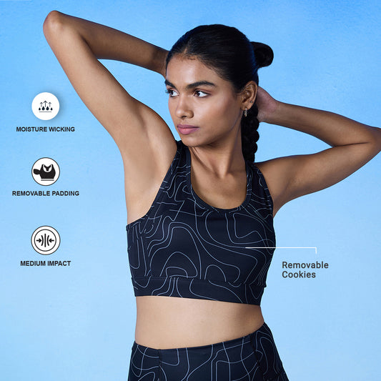 Nykd All Day On-Trend Sports Bra With Keyhole Back-NYK082-Doodle Black Print