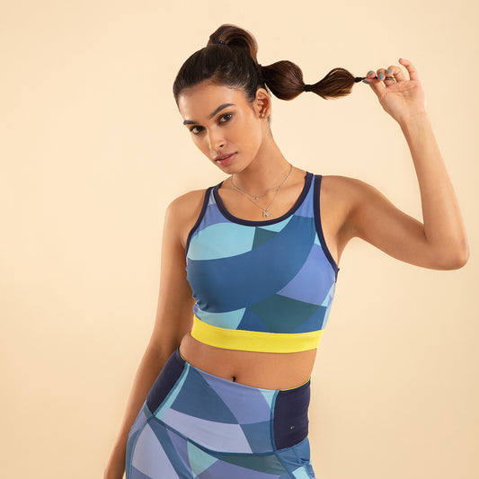 Nykd All Day Low impact Crop top Bra-NYK112-Abstract print + Peacoat Navy + Lime