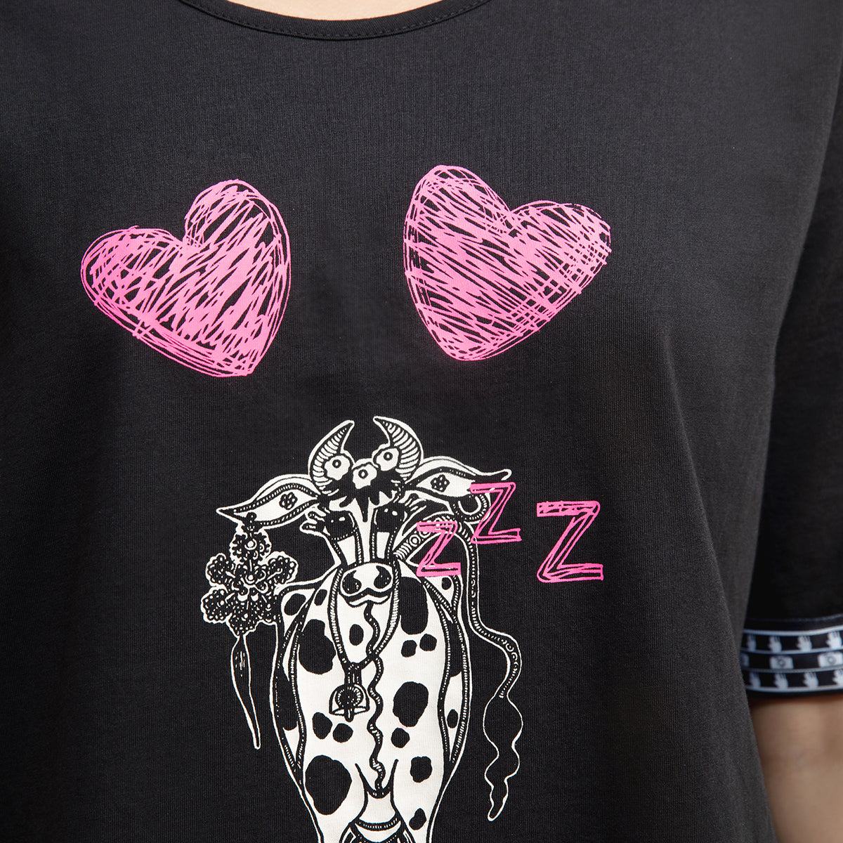 Masaba For Nykd Cotton Half sleeve Teeshirt-Lazy Cow-NYS061-Black