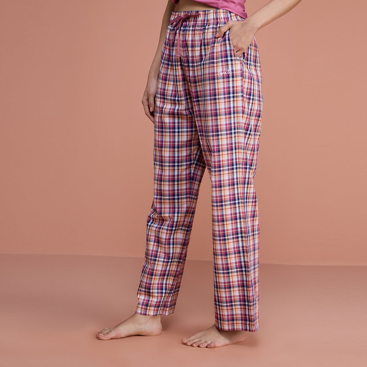 Nykd By Nykaa Super Comfy Cotton Relax Fit Pajama-NYS141-Red Violet Plaid
