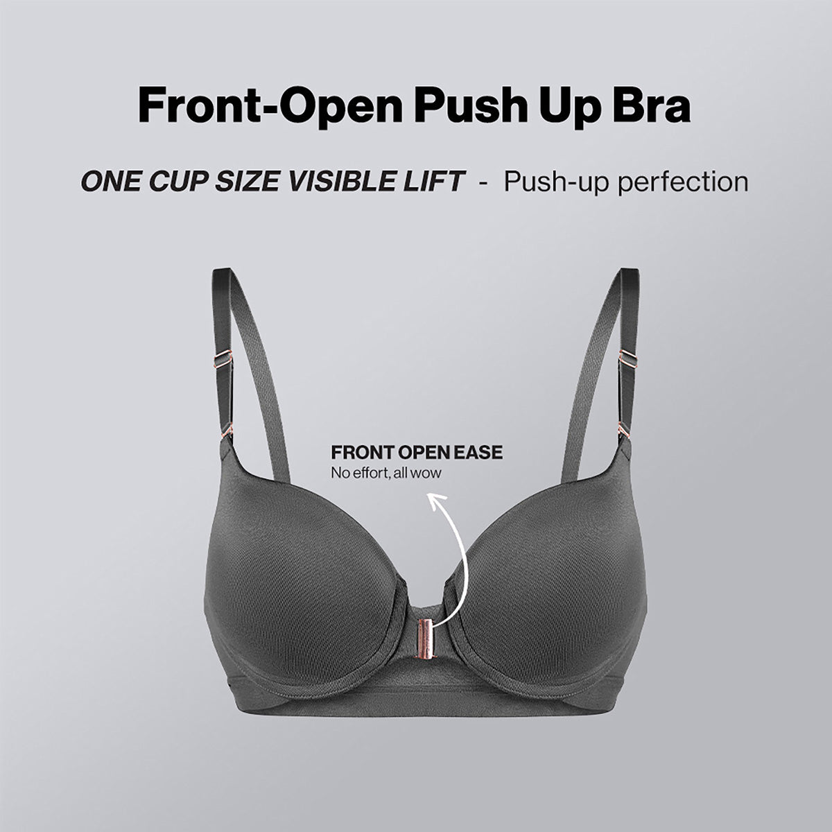 Nykd By Nykaa Infinity Edge Front Open Padded Wired Level 2 Push Up Bra NYB395 Dark Grey