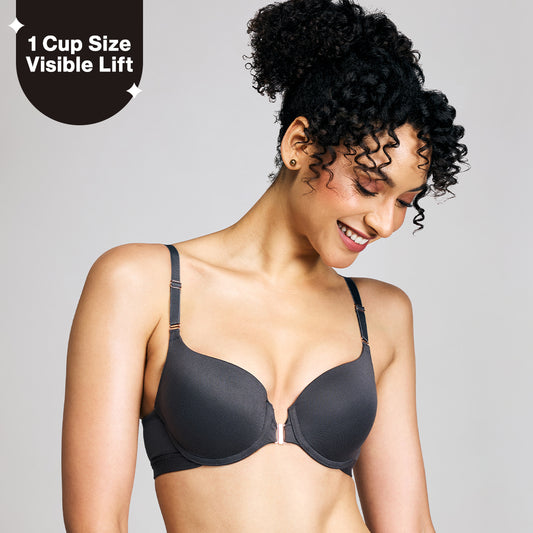 Nykd By Nykaa Infinity Edge Front Open Padded Wired Level 2 Push Up Bra NYB395 Dark Grey
