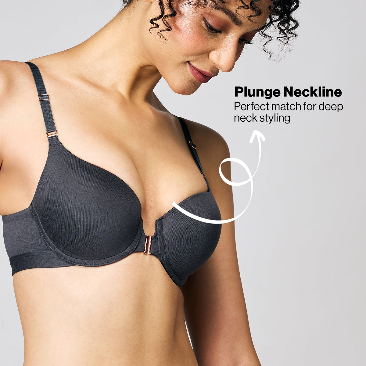 Nykd By Nykaa Infinity Edge Front Open Padded Wired Level 2 Push Up Bra NYB395 Dark Grey