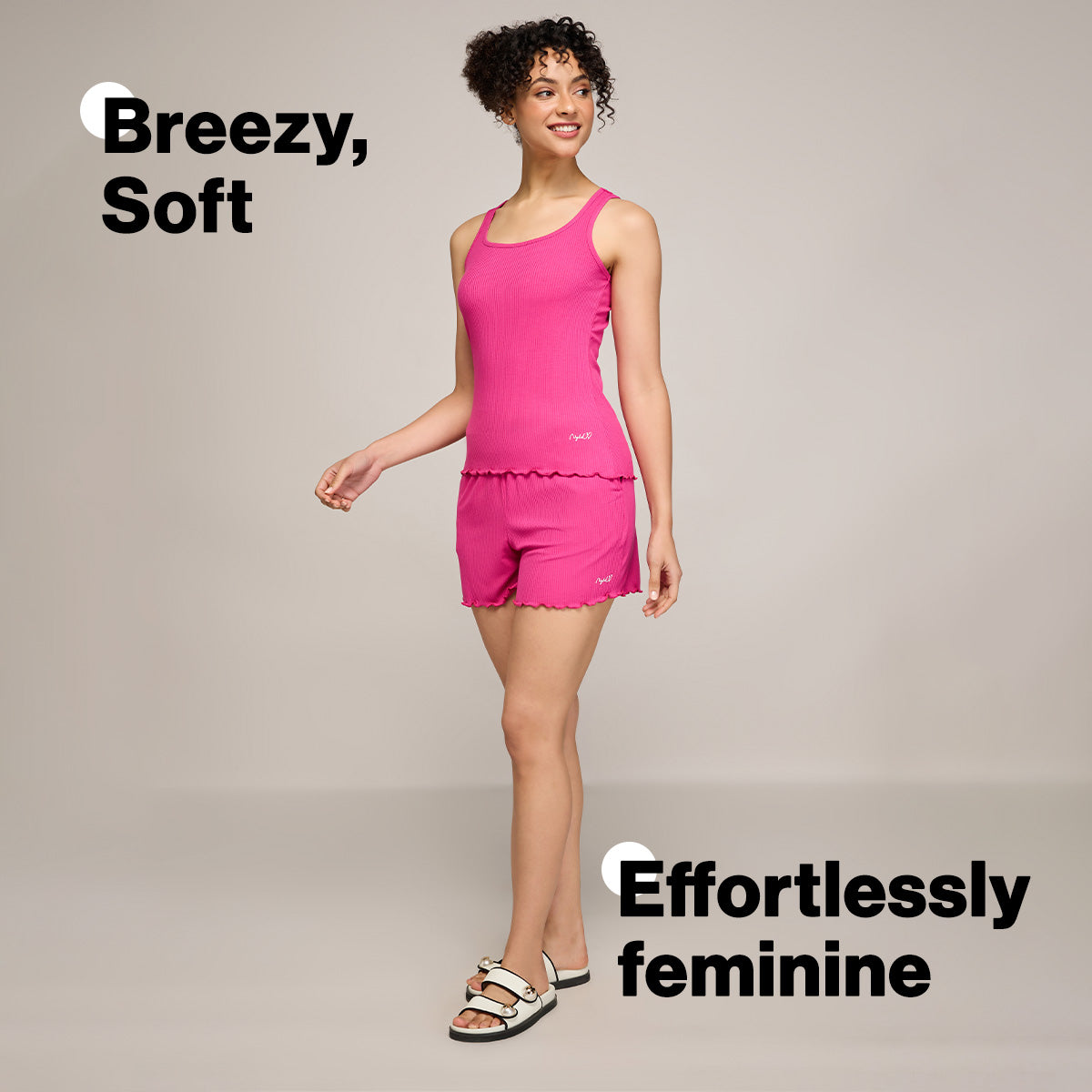 Nykd By Nykaa Essential Soft Ribbed Shorts Coord Set With Scoop Neck Cami Top Nys941 Magenta