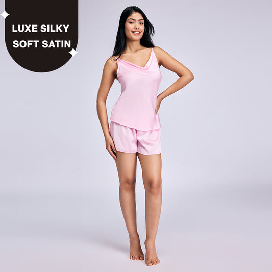 Nykd By Nykaa Luxe Satin Cami Top & Shorts Set of 2-Bridal Edit-NYS958 Pink