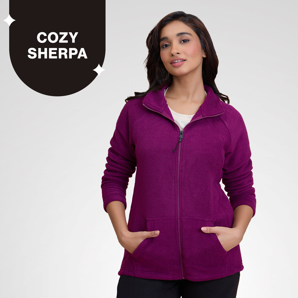 Cozy Sherpa Jacket with Zippered Front-NYLE701-Wine