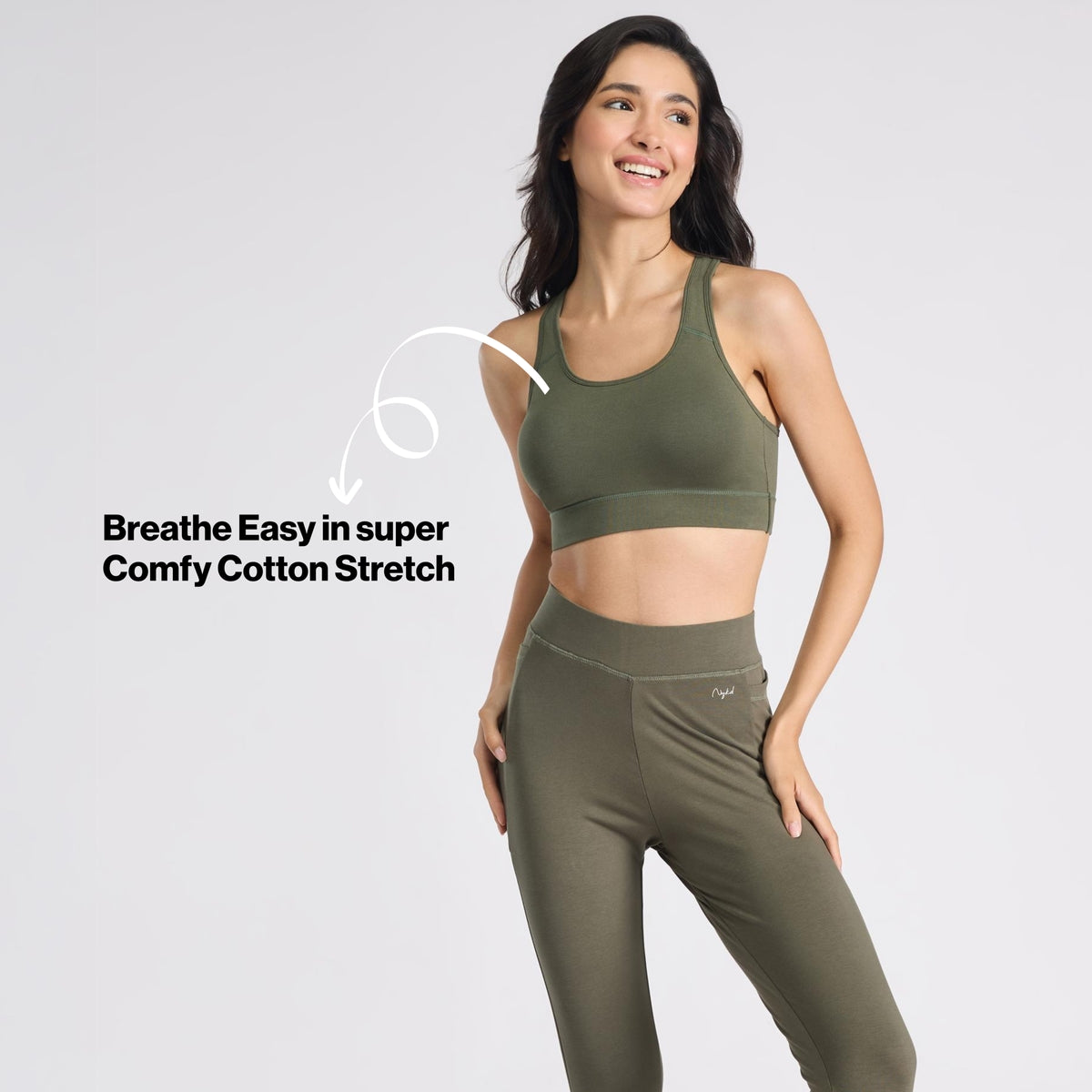 Nykd By Nykaa Cotton Slip On Sports Bra with Removable Cups NYK059 Beetle Green