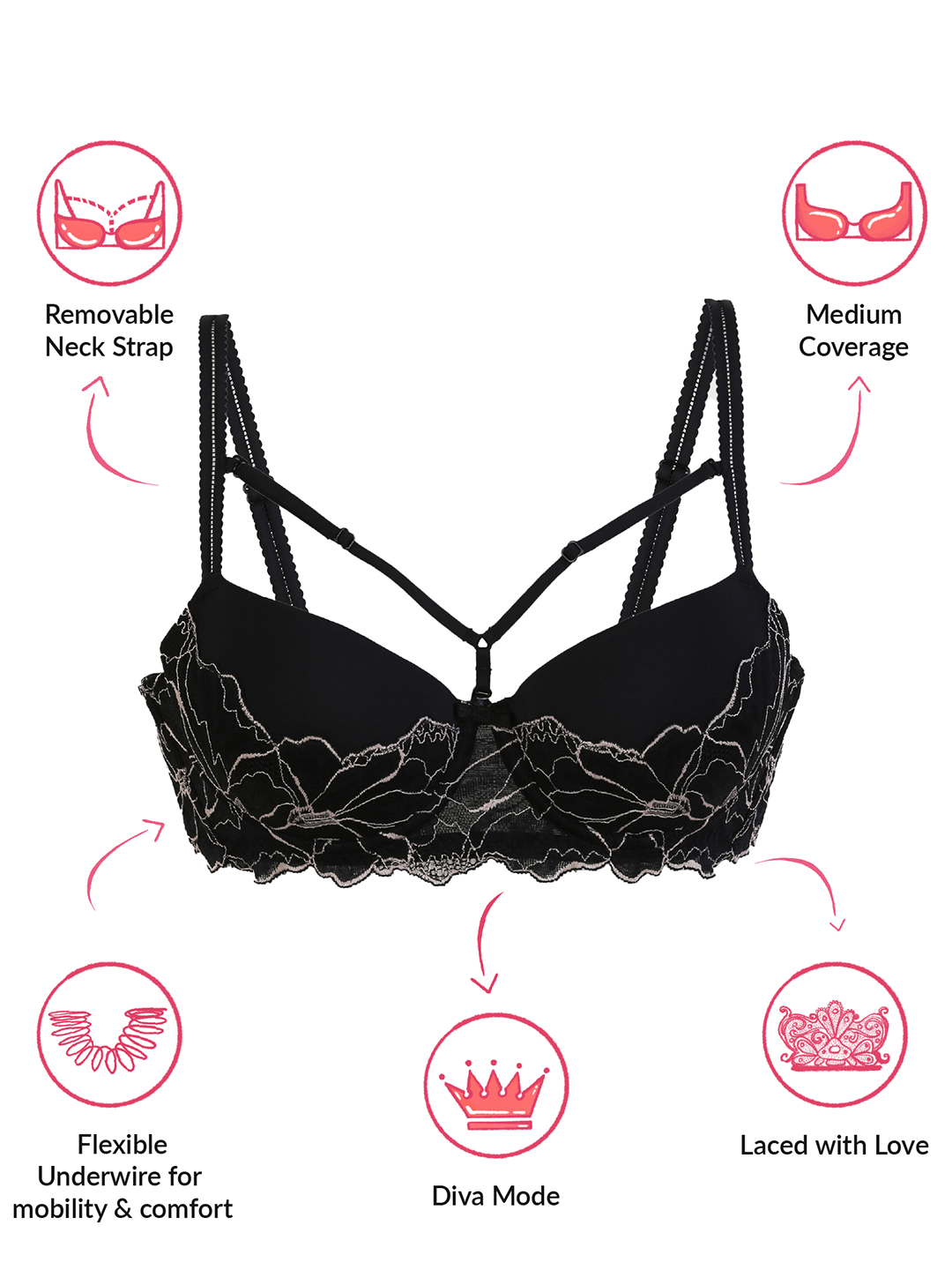 Lola & Mae The Parisian Cut Signature Strap Lacy Bra-Black LMB1025