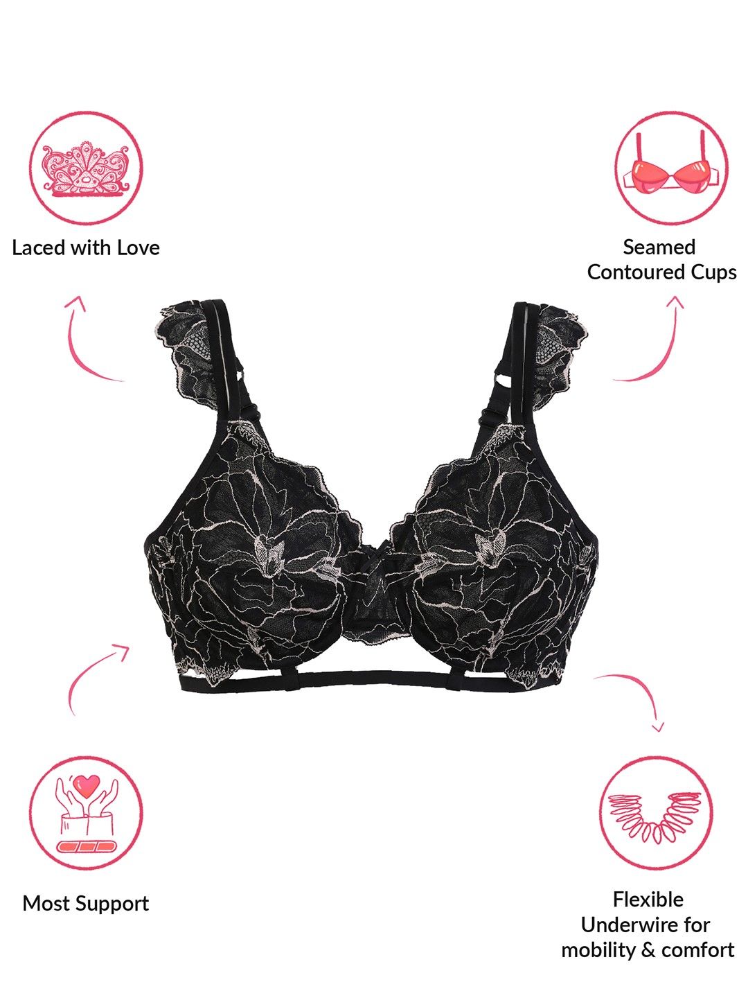 Lola & Mae The Parisian Cut Contour Wired Lacy Bra-LMB1026-Black