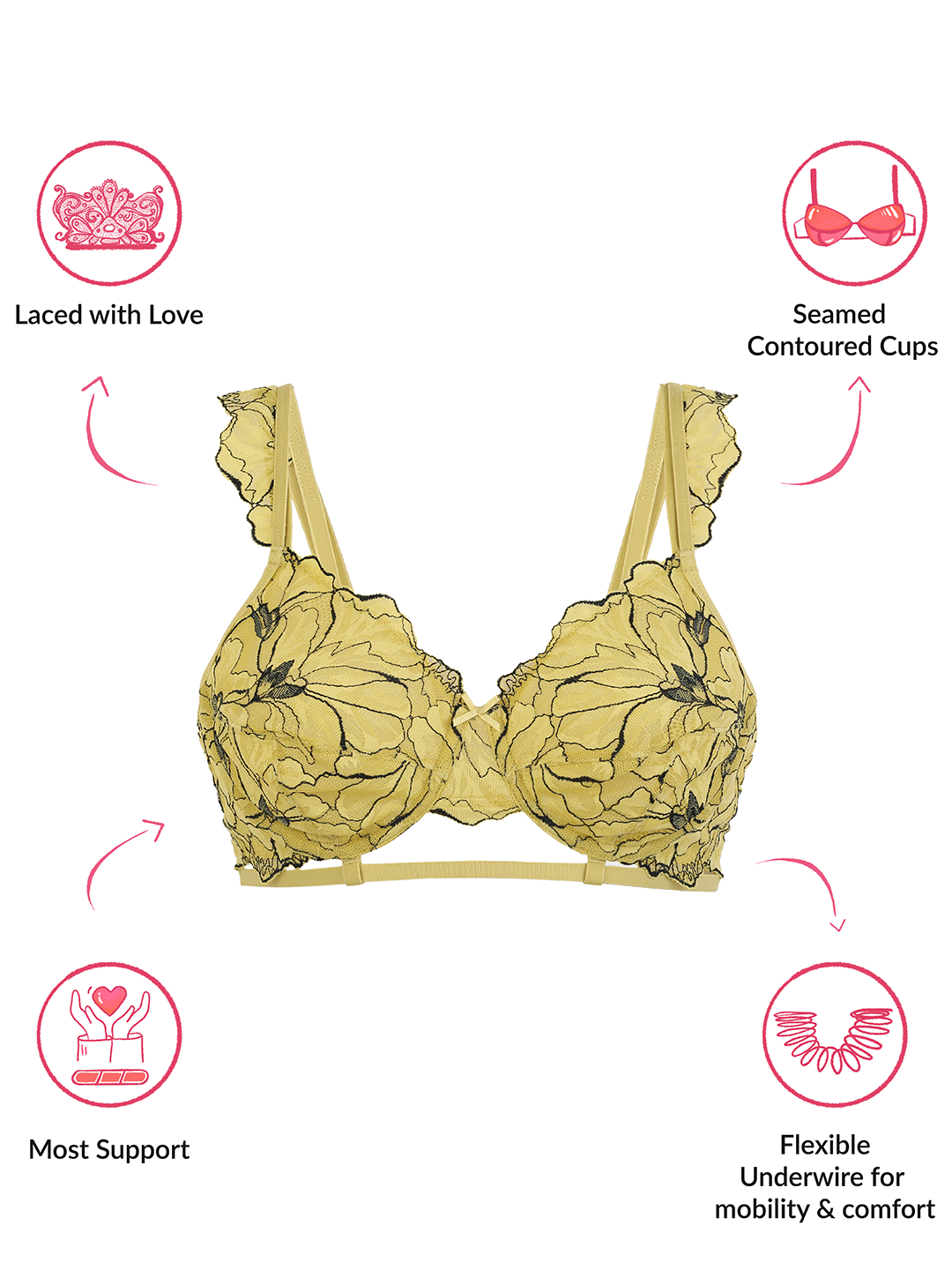 Lola & Mae  The Parisian Cut Contour Wired Lacy Bra  - Yellow LMB1026