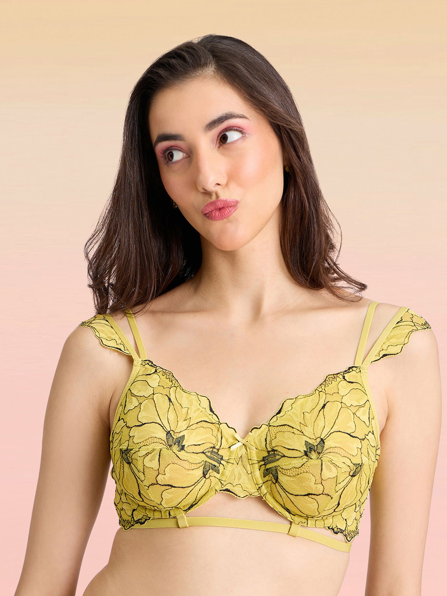 Lola & Mae The Parisian Cut Contour Wired Lacy Bra-LMB1026-Yellow