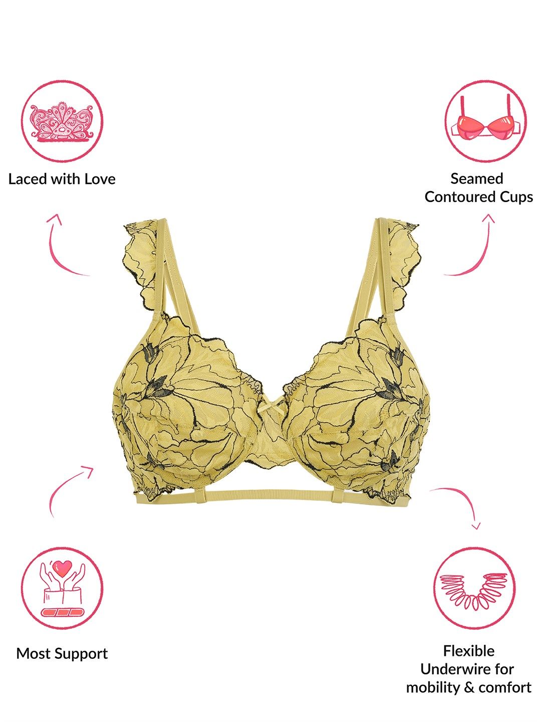 Lola & Mae The Parisian Cut Contour Wired Lacy Bra-LMB1026-Yellow