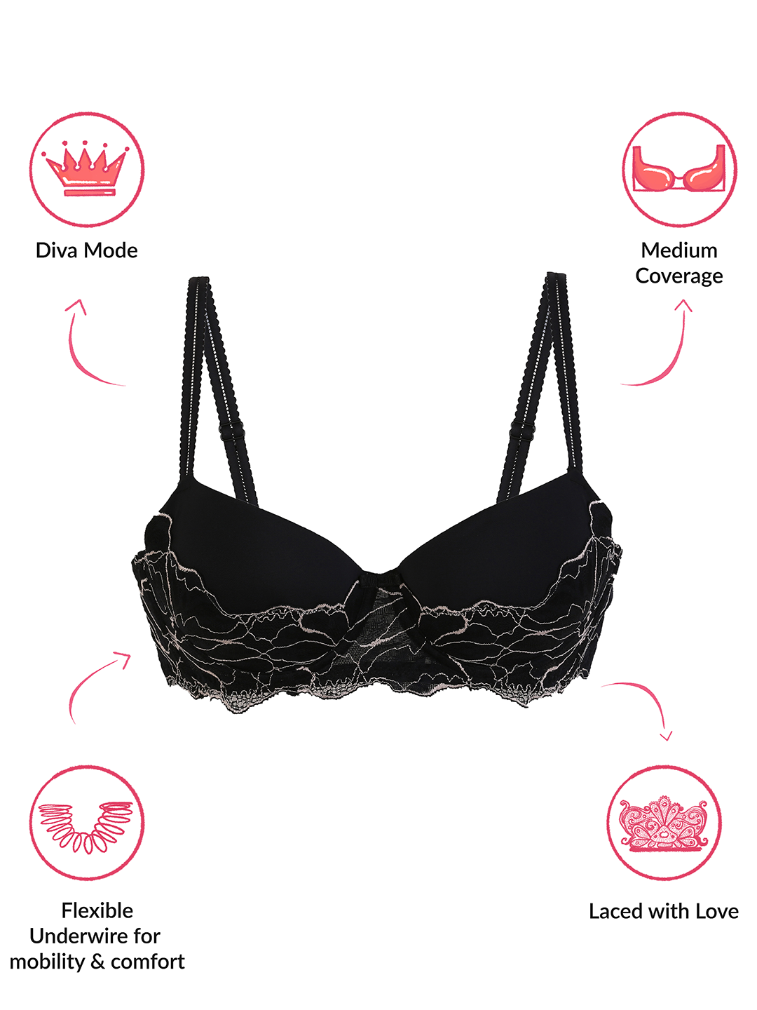 Lola & Mae  The Parisian Cut Padded Wired Lacy Bra - Black LMB1039