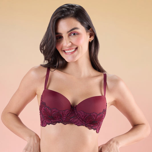 Lola & Mae  The Parisian Cut Padded Wired Lacy Bra-Maroon LMB1039