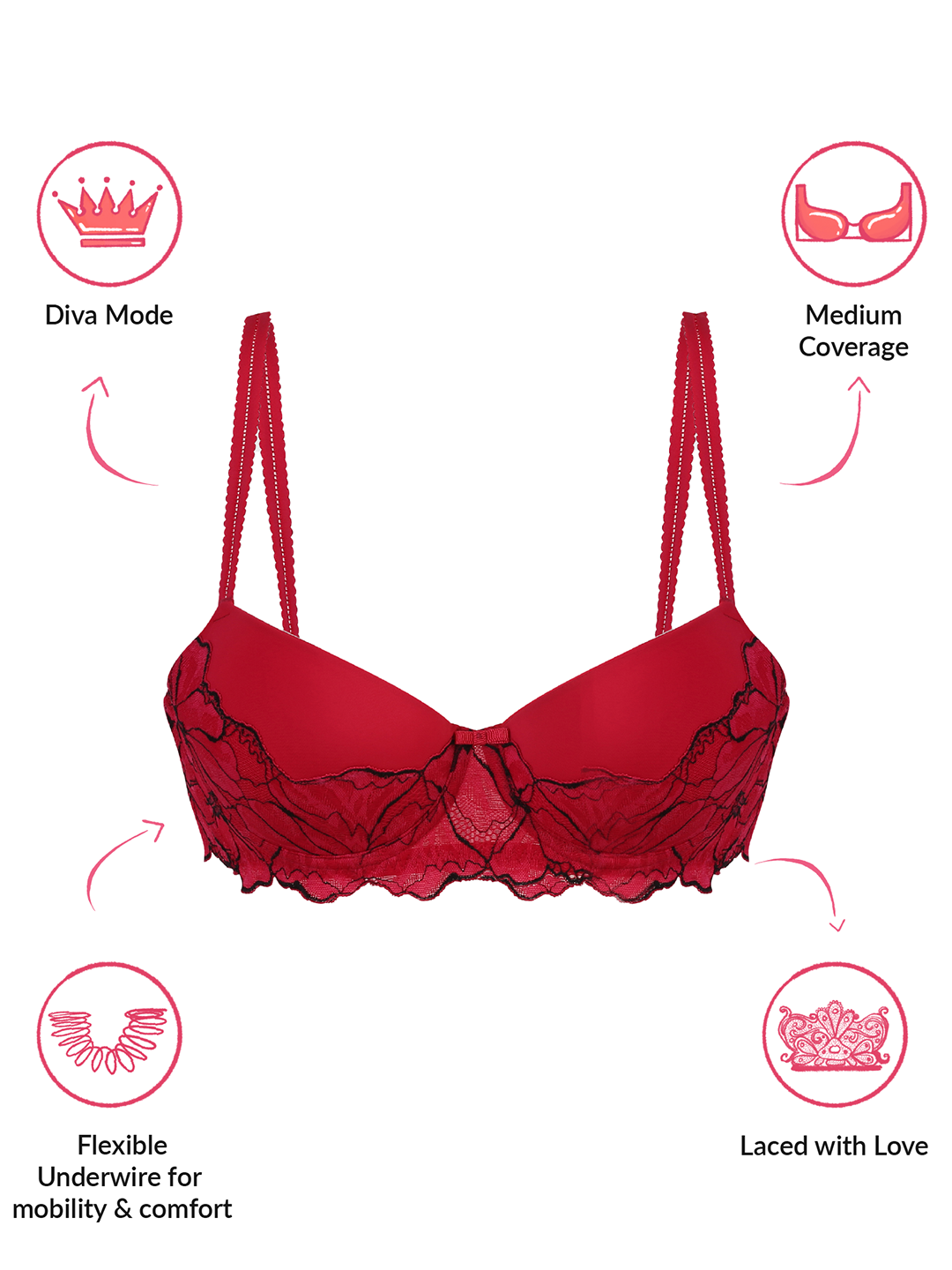 Lola & Mae  The Parisian Cut Padded Wired Lacy Bra - Red LMB1039