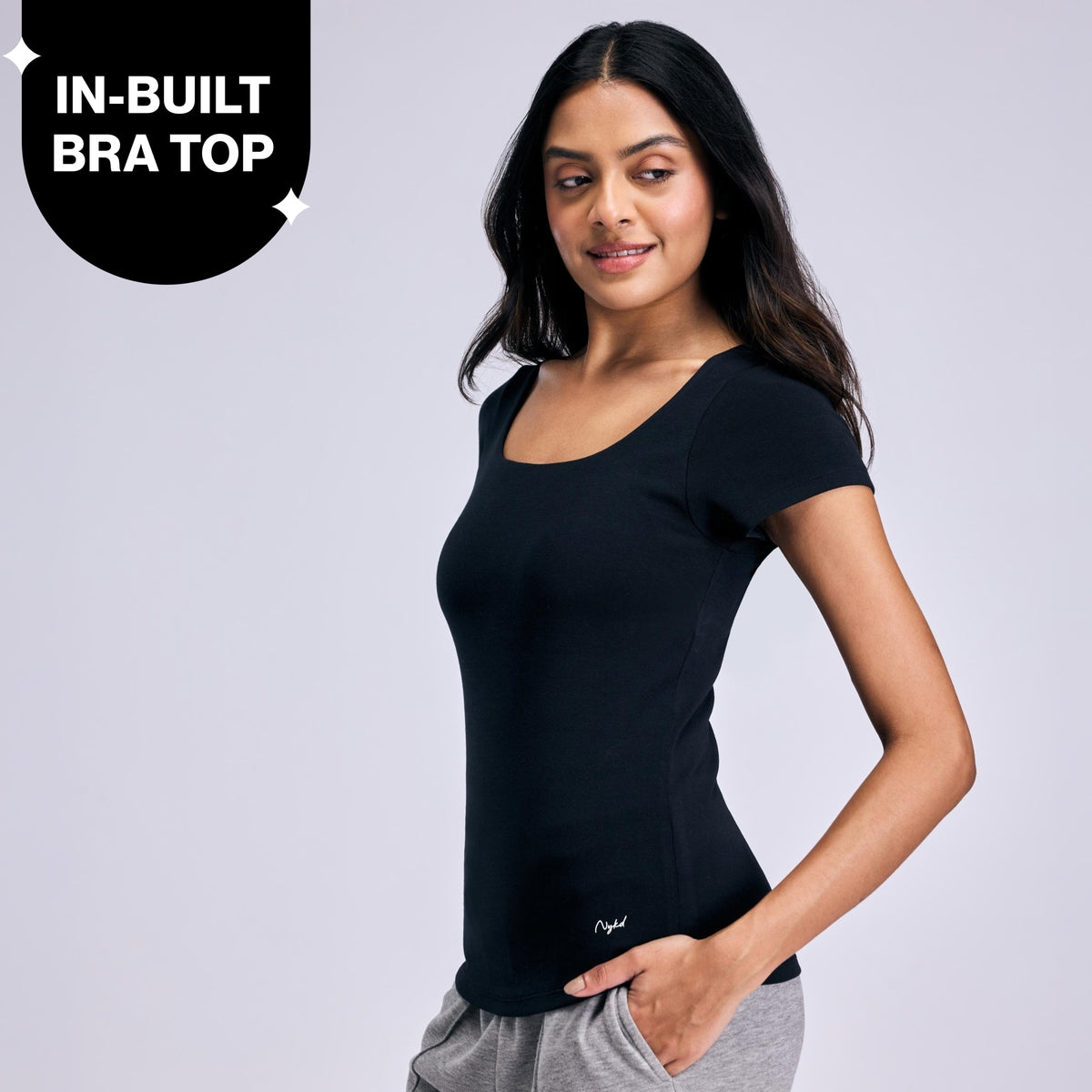 Nykd By Nykaa Inbuilt Bra Top in Cotton Stretch Rib NYAT507 Black