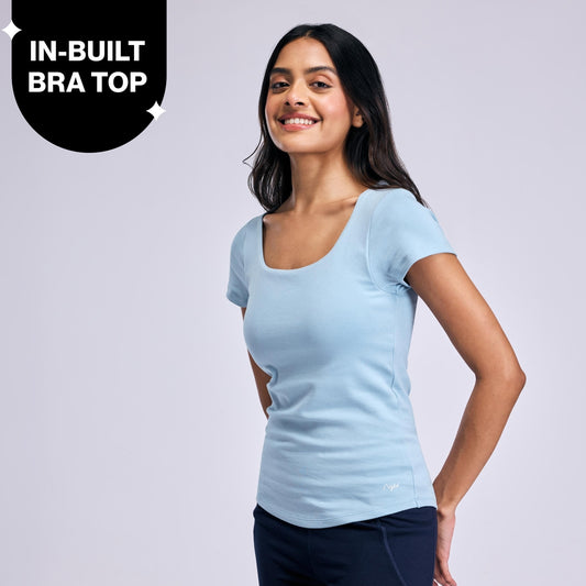 Nykd By Nykaa Inbuilt Bra Top in Cotton Stretch Rib NYAT507 Blue