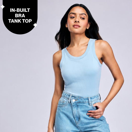 Nykd By Nykaa Inbuilt Bra Tank top in Cotton Stretch Rib NYAT512 Blue