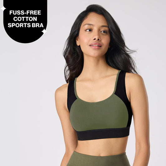 Nykd By Nykaa Cotton Stretch Slip On Sports Bra with Removable Cups NYK904 Olive