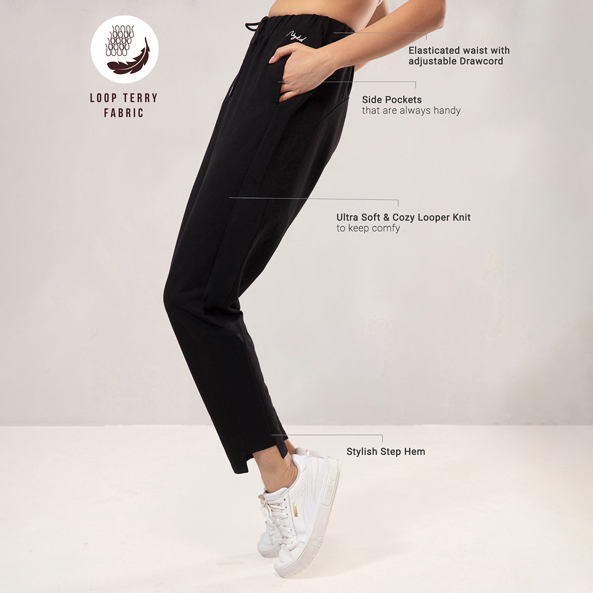 Nykd by Nykaa Cotton Terry Jogger with Adjustable Waist & Hi-low Hem Detail-NYAT236-A-Jet Black