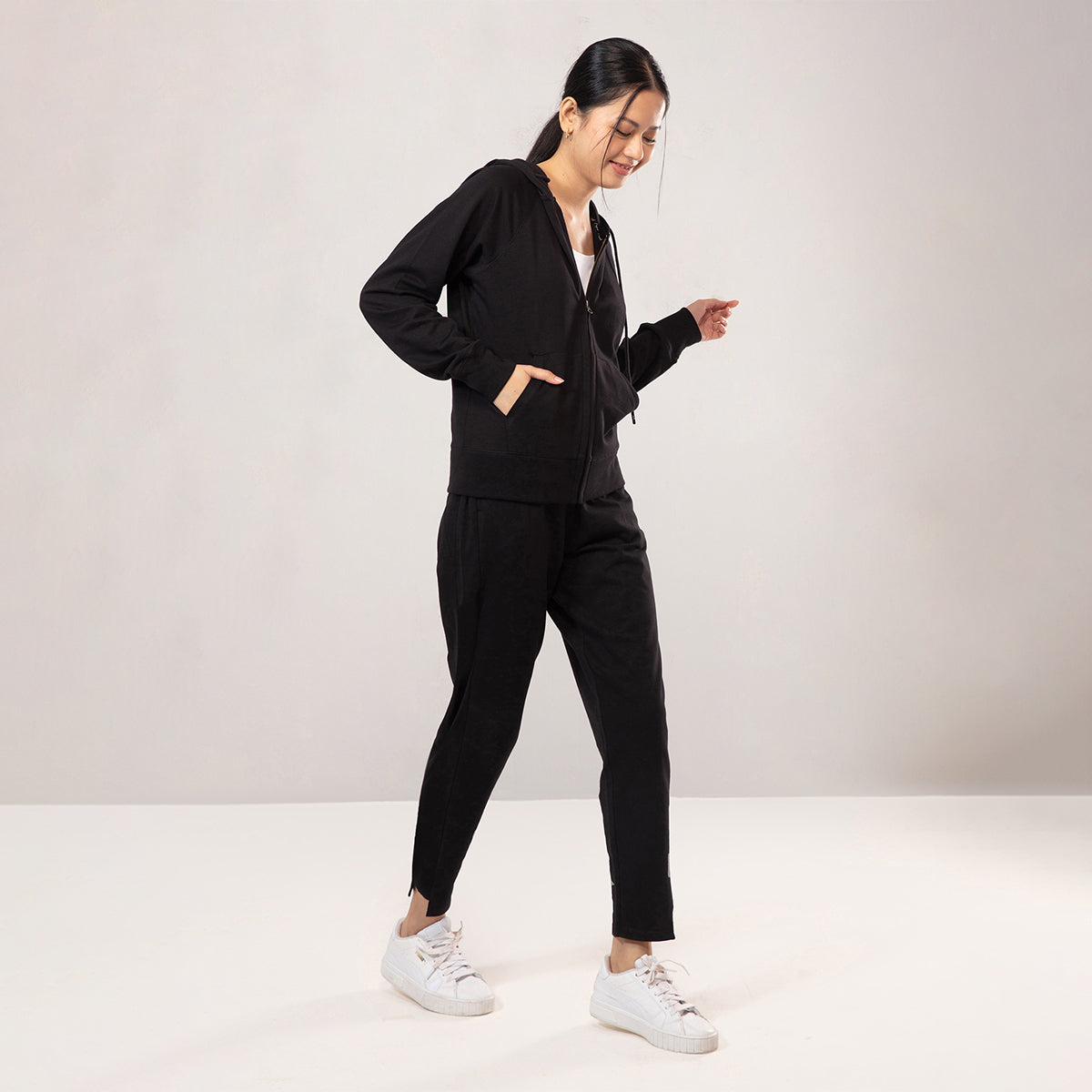 Nykd by Nykaa Cotton Terry Jogger with Adjustable Waist & Hi-low Hem Detail-NYAT236-A-Jet Black