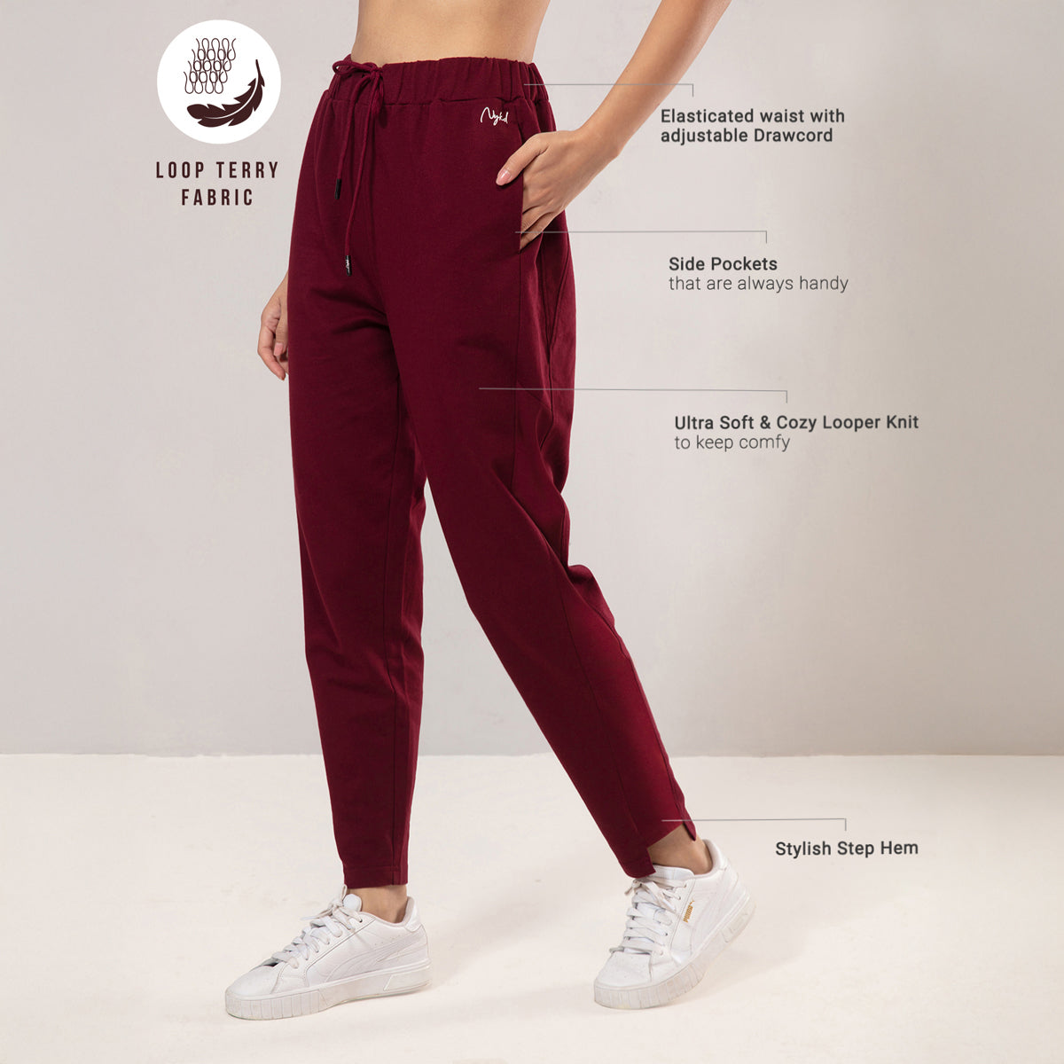 Nykd by Nykaa Cotton Terry Jogger with Adjustable Waist & Hi-low Hem Detail-NYAT236-A-Zinfandel