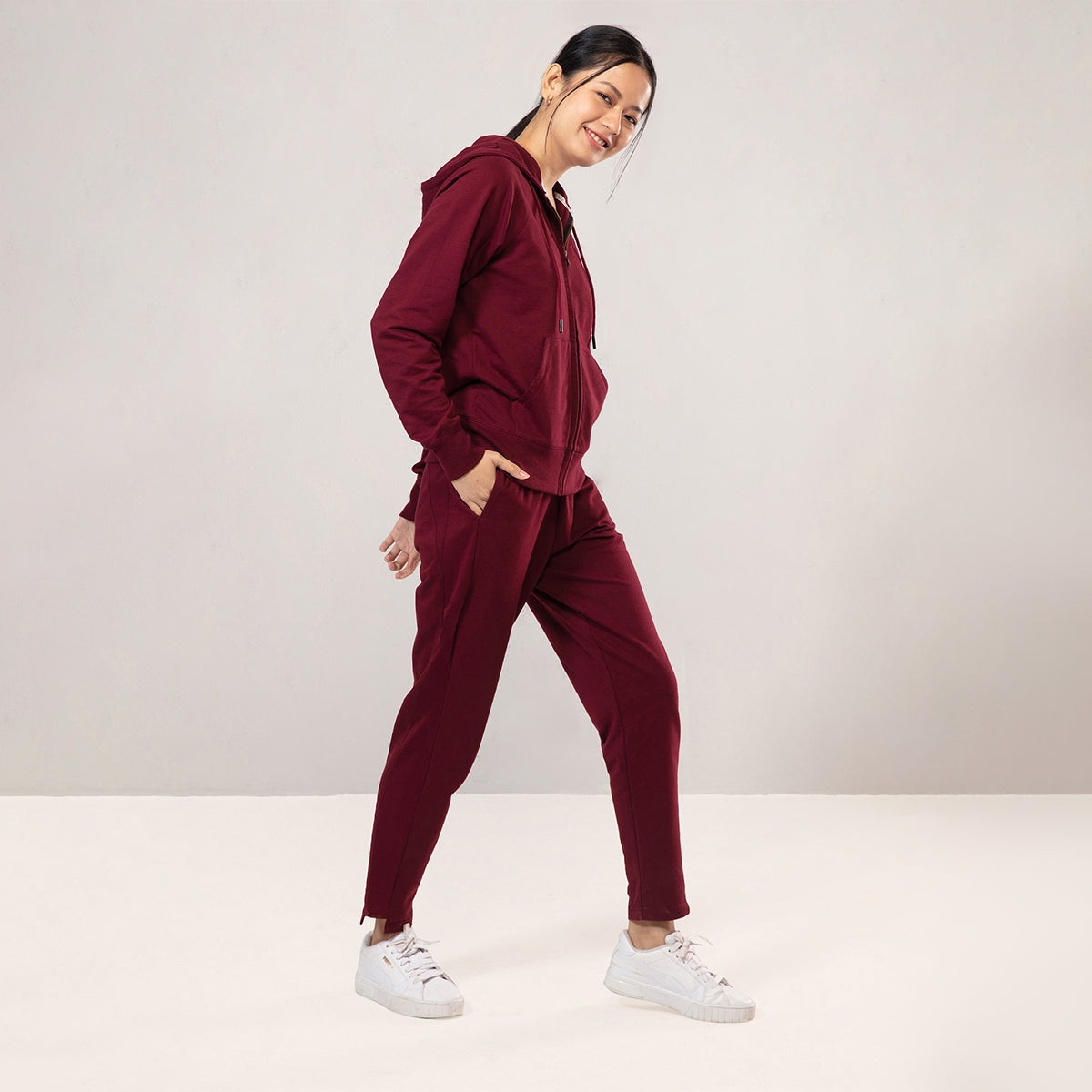 Nykd by Nykaa Cotton Terry Jogger with Adjustable Waist & Hi-low Hem Detail-NYAT236-A-Zinfandel