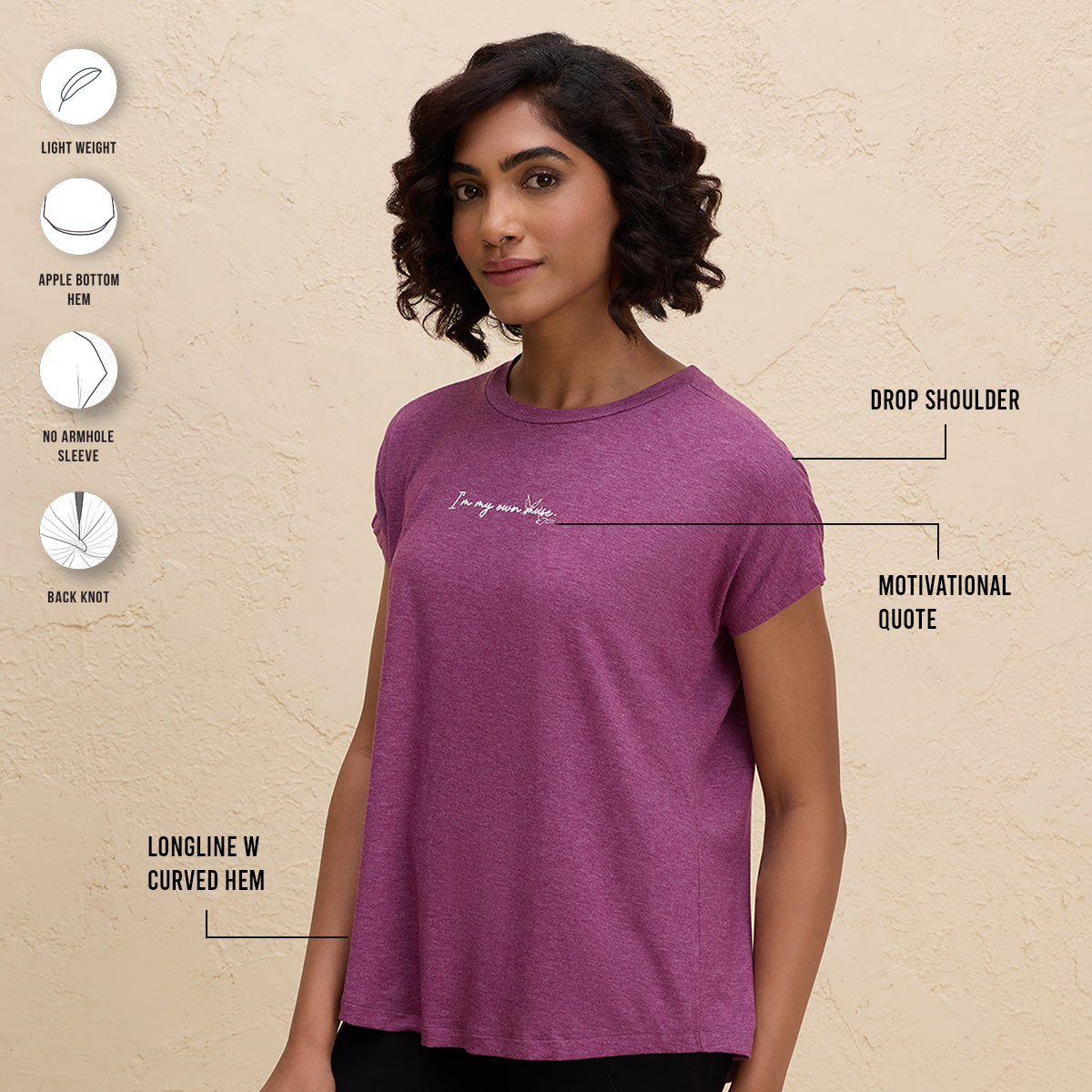 Super Comfy Relaxed Fit Tee with Stylish Back Knot Detail-NYAT279-Wine