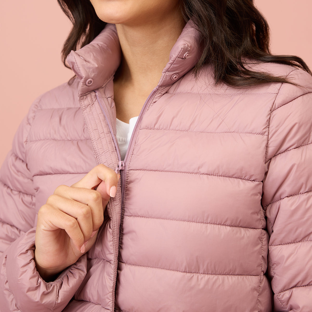 NYKD By Nykaa Ultra Light Weight Puffer Jacket with Inbuilt Bag (Set of 2)-NYAT405-Blush