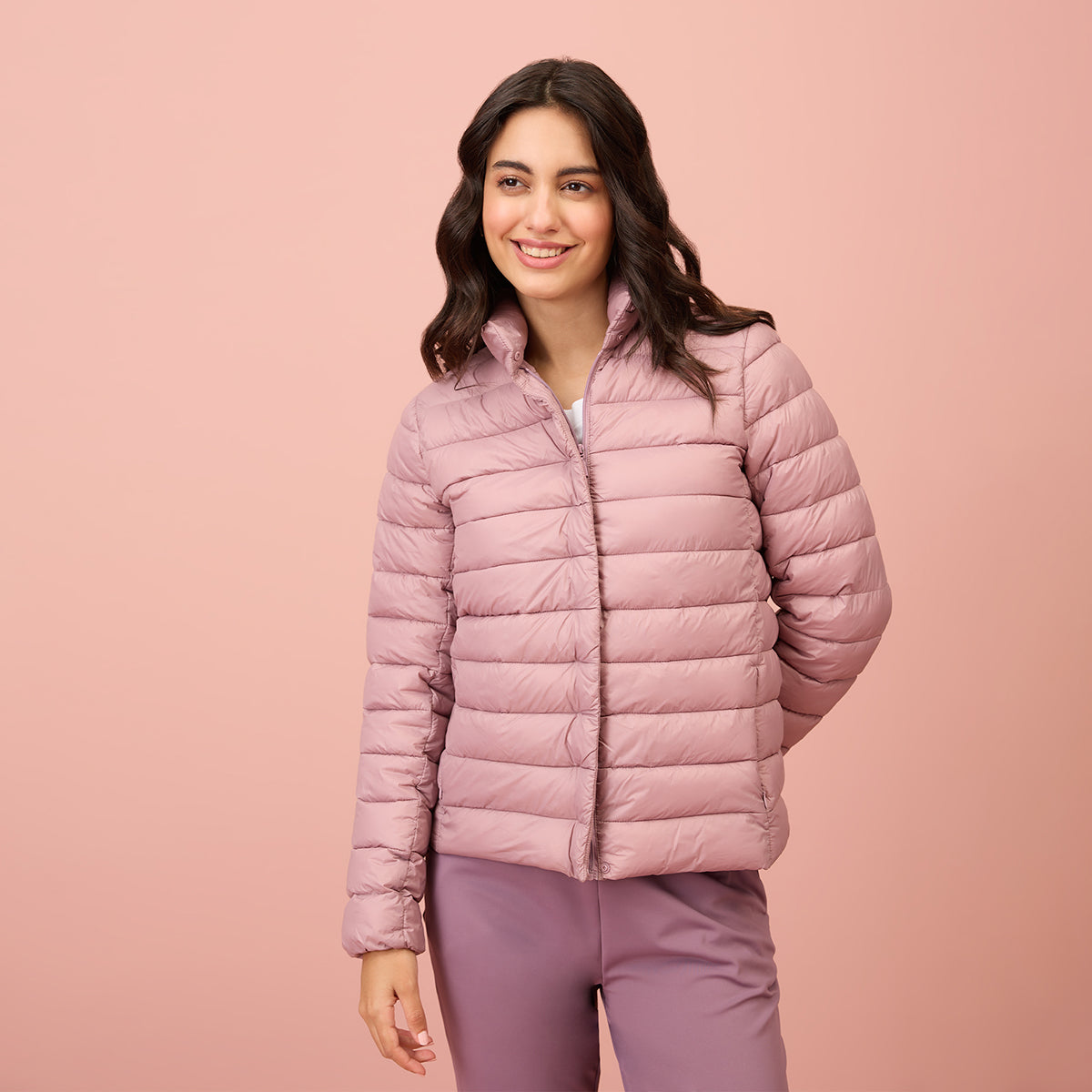 NYKD By Nykaa Ultra Light Weight Puffer Jacket with Inbuilt Bag (Set of 2)-NYAT405-Blush