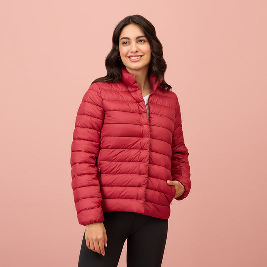 NYKD By Nykaa Ultra Light Weight Puffer Jacket with Inbuilt Bag (Set of 2)-NYAT405-Red