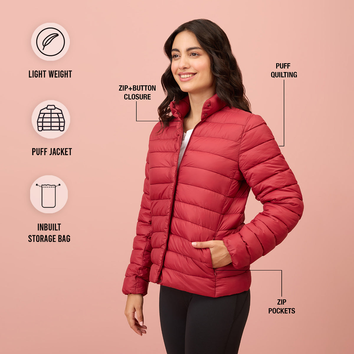 Ultra Light Weight Puffer Jacket with Inbuilt Bag (Set of 2)-NYAT405-Red